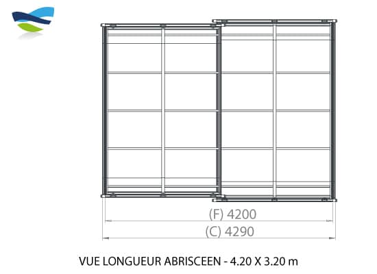 Vue longueur abri piscine Abrisceen 4,20m X 3,20m