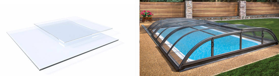 le polycarbonate transparent expose parfaitement votre piscine aux rayons du soleil et permet de se baigner plus souvent grâce à votre abri de piscine.