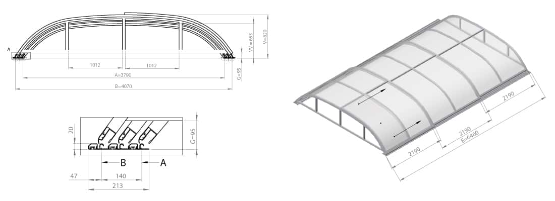 Dimensions de l'abri de piscine télescopique DALLA CLEAR A