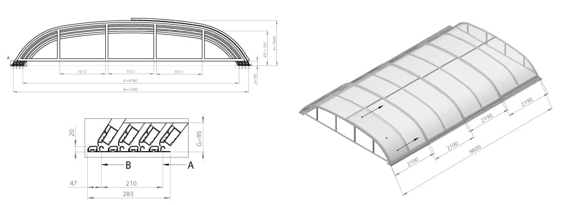 Dimensions de l'abri de piscine télescopique DALLAS B