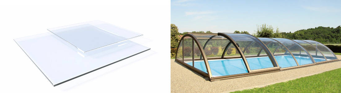 le polycarbonate transparent expose parfaitement votre piscine aux rayons du soleil et permet de se baigner plus souvent grâce à votre abri de piscine.