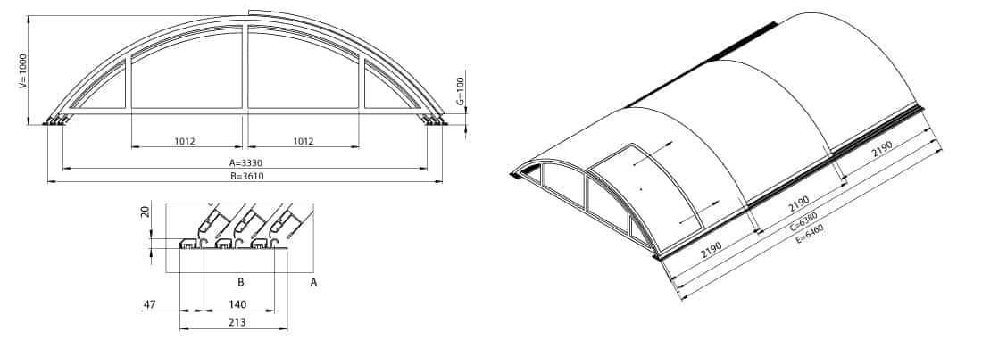 Dimensions de l'abri de piscine télescopique KLASIK A