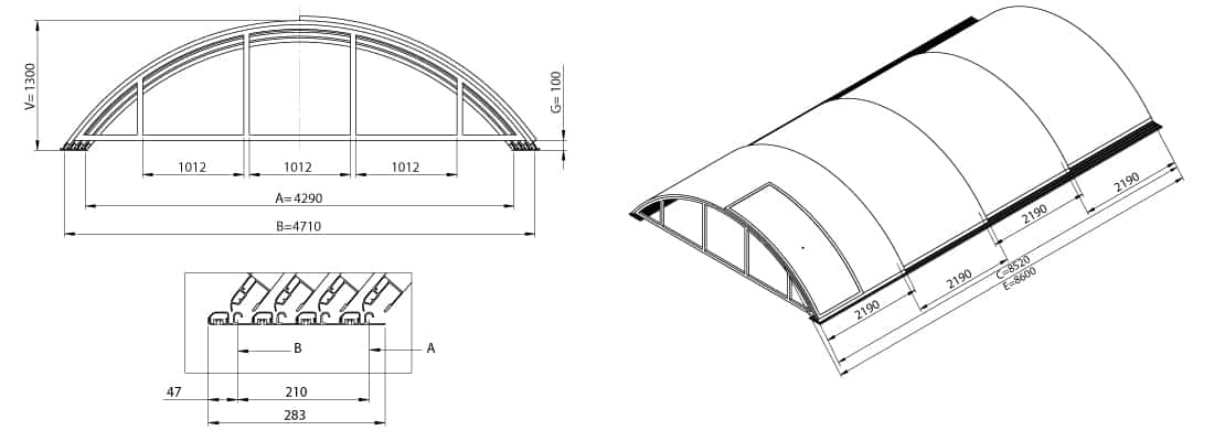 Dimensions de l'abri de piscine télescopique KLASIK B