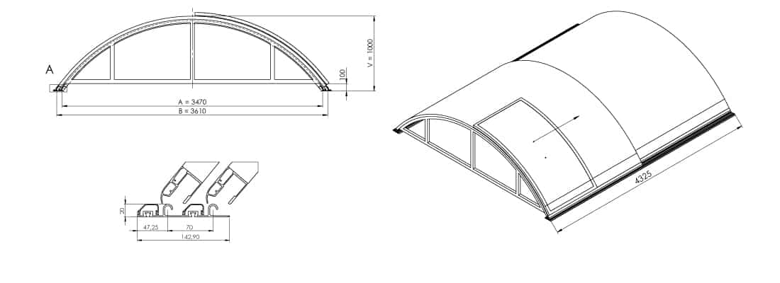 Dimensions de l'abri de piscine télescopique KLASIK S