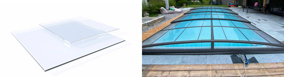 le polycarbonate transparent expose parfaitement votre piscine aux rayons du soleil et permet de se baigner plus souvent grâce à votre abri de piscine.