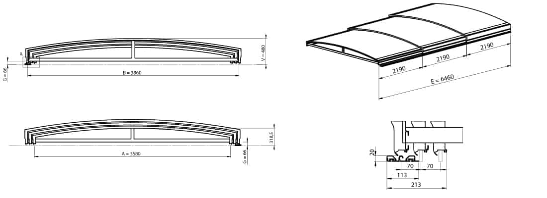 Dimensions de l'abri de piscine télescopique SYDNEY A