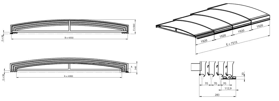 Dimensions de l'abri de piscine télescopique SYDNEY CLEAR B